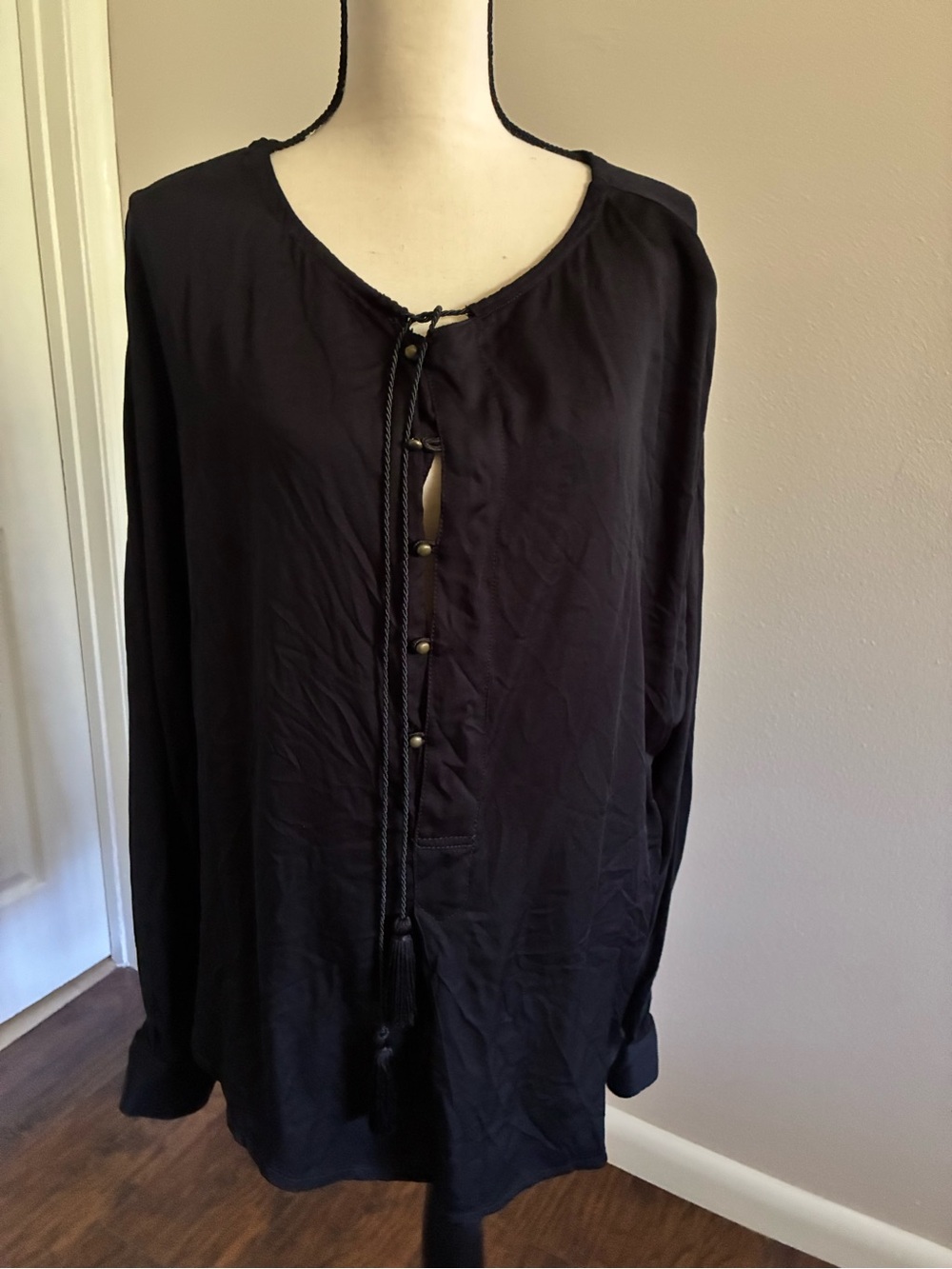 Zara Black Long-Sleeve Henley with Tassel Placket
